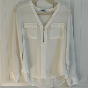 Express Cream Zip-Pocket V-Neck Blouse